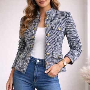 Cache Blue & White Tweed Jacket – Gold Crest Buttons – Size 8